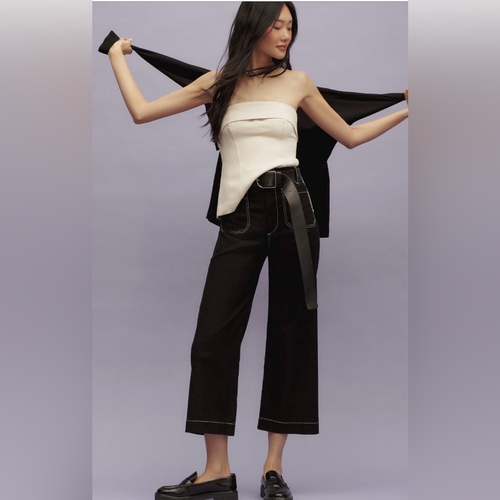 Anthropologie The Colette Contrast-Stitch Cropped Wide-Leg Pants Size  25 NWT